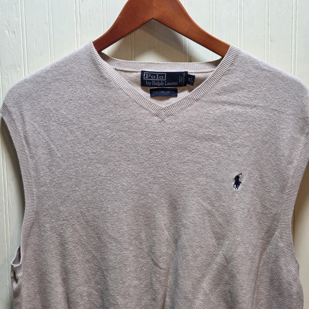 Polo Ralph Lauren Sweater Vest Mens XL Beige Pima Cotton V Neck Knit Pullover